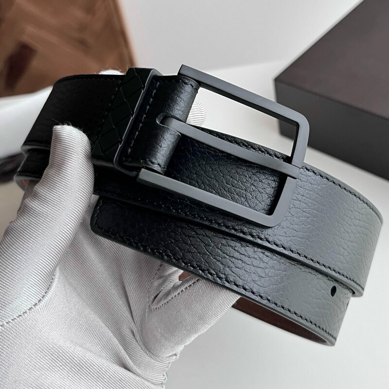 Simple square pin-style men's leather belt with ribbed design, genuine leather men's formal pants belt, 3.5 inches, casual wear pants belt
