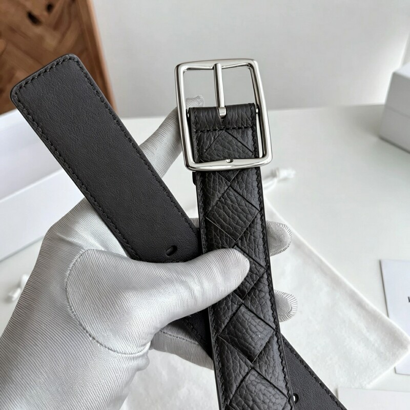 High-end genuine leather braided handmade men's belt with retro needle-style square buckle for business pants belt