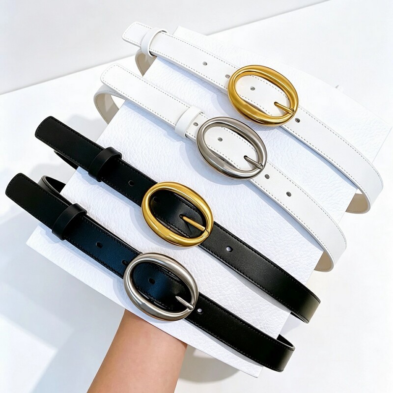 Classic leather retro oval buckle 2.5 inch women's leather belt, genuine leather, black, versatile, high-quality copper metal buckle belt