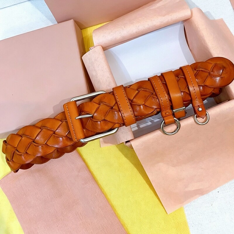 Retro woven handcrafted cowhide belt, distressed twirly denim pants belt, women's dress with slimming decorative belt