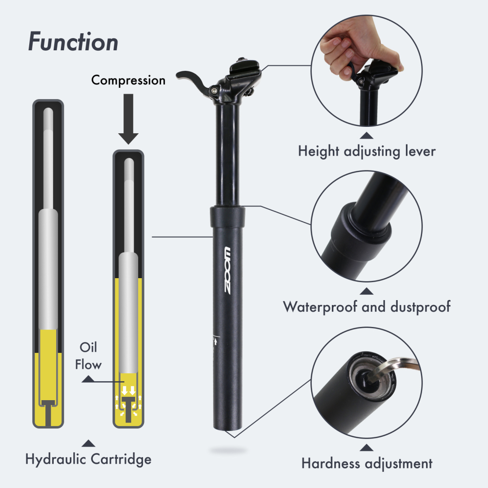 Zoom Dropper Seatpost Manual Control Lever Height Adjustable Seat Post Hydraulic Bicycle 100mm Travel 375mm 30.9 31.6 Mm MTB