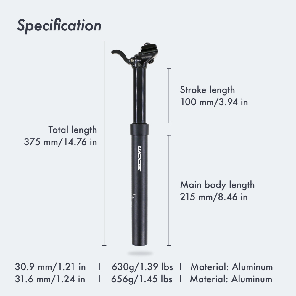 Zoom Dropper Seatpost Manual Control Lever Height Adjustable Seat Post Hydraulic Bicycle 100mm Travel 375mm 30.9 31.6 Mm MTB
