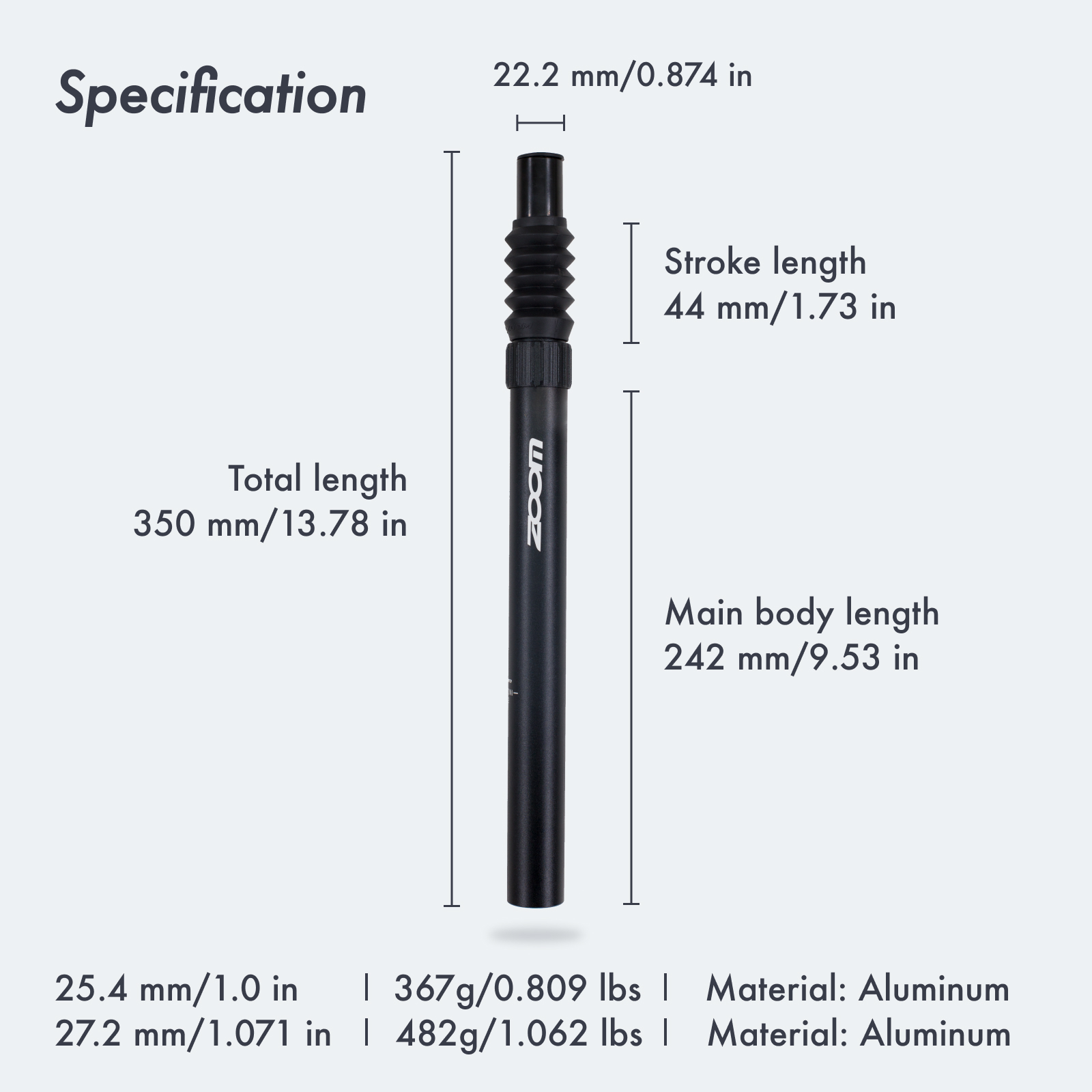 Tige De Selle Suspension ZOOM Pour VTT - Diamètre Ajustable 27.2 à 33.9mm - Neuve