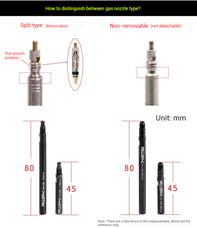 RISK RA108 Presta Valve Extenders 45mm 80mm Bicycle Tire Valve Extension for Road Bike Deep Rim Wheels