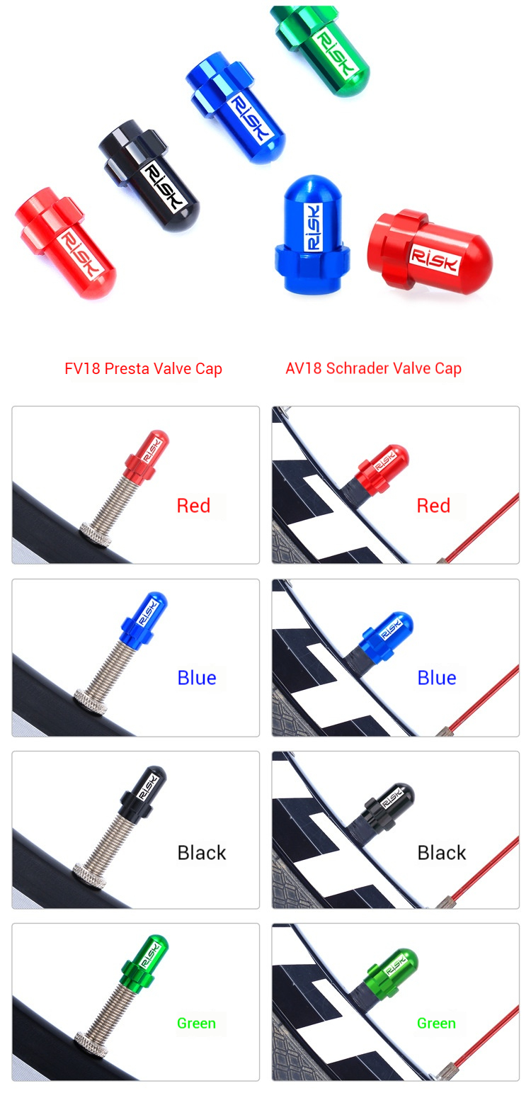 RISK FV18/AV18 7075 Aluminum Alloy Bike Valve Caps – Presta & Schrader Dust Covers for Road, MTB, Fixed Gear Bikes, 2PCS