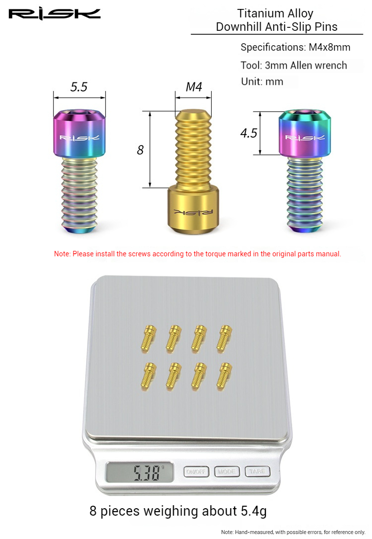 RISK 8pcs M4x8mm Titanium Alloy Downhill Mountain Bike Pedal Screws Anti-Slip TC4 Ti Bolts for XC AM DH MTB Bicycle