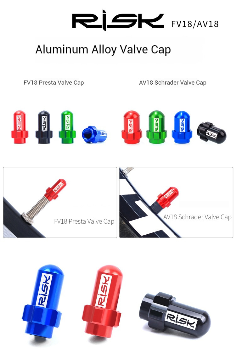 RISK FV18/AV18 7075 Aluminum Alloy Bike Valve Caps – Presta & Schrader Dust Covers for Road, MTB, Fixed Gear Bikes, 2PCS