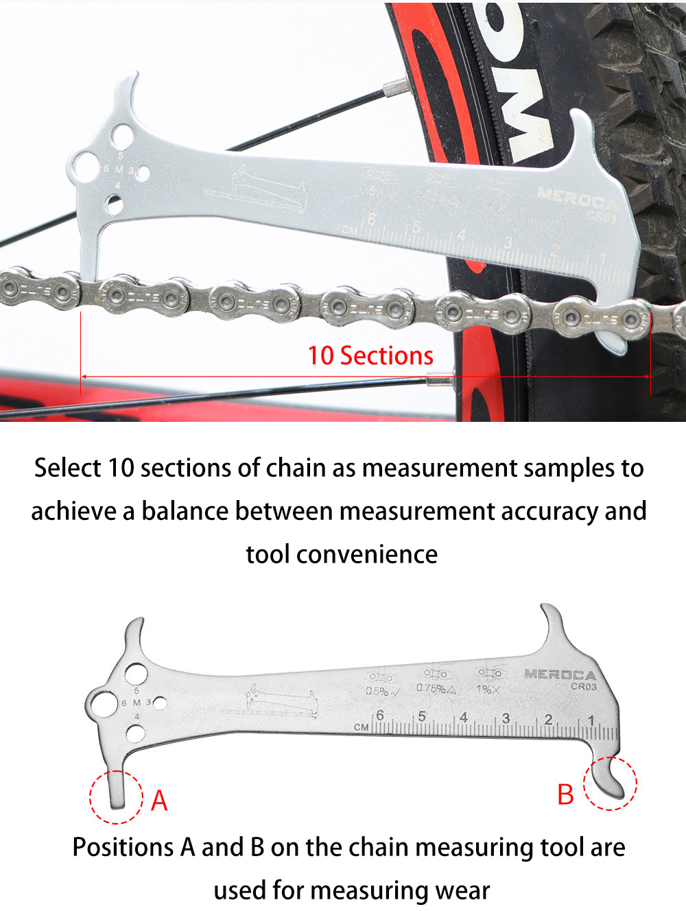 MEROCA 3-in-1 Chain Measuring Tool for Mountain and Road Bikes Wear Measurement Gauge and Caliper