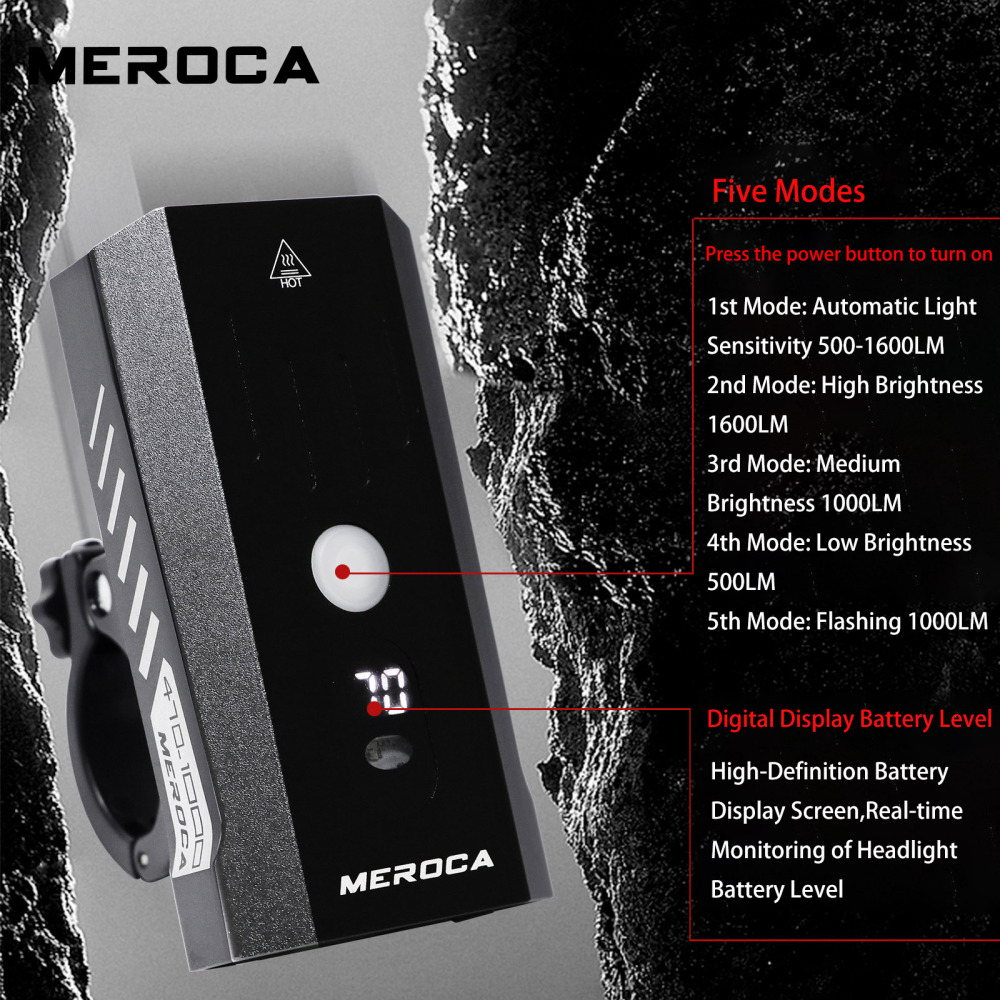 MEROCA Smart High-Intensity Front Light Bicycle Light 1000/1600LM Flashlight for Mountain and Road Bikes