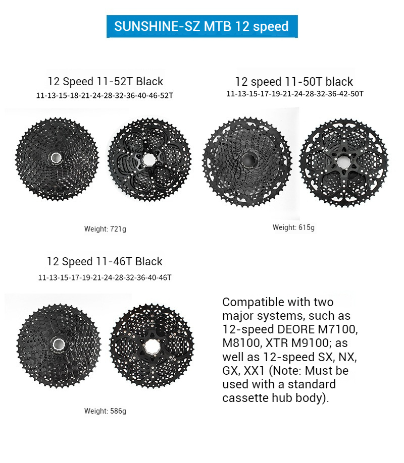 SUNSHINE HG Cassette Freewheel for MTB bike 10 / 11 / 12-speed for Shimano full black color 10-speed 11-speed 12-speed