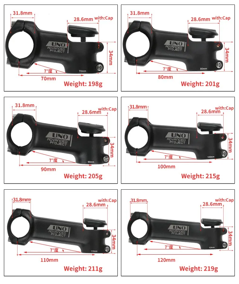 UNO Bike Stem 7 Degree Square Stem with Cover 3D Forged Fork 28.6x31.8mm 70/80/90/100/110/120mm Mountain MTB Bicycle