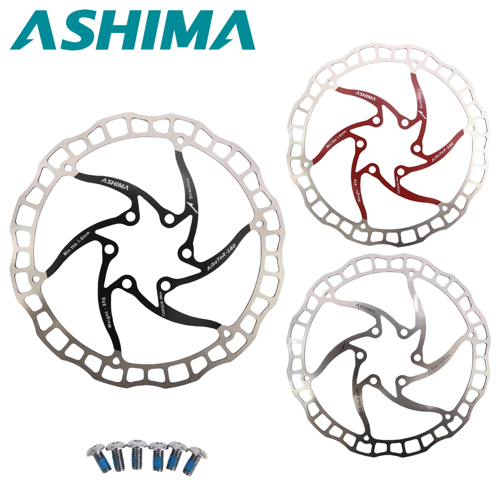 ASHIMA ARO 08 Stainless Steel Disc Brake Rotor 140/160/180/203mm for 6-Bolt MTB Hubs, Black Red Silver Options