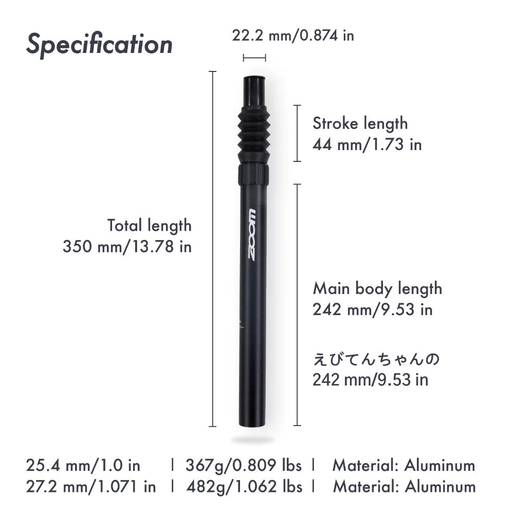 Zoom Suspension Seatpost with Straight Headless Pillar, 25.4/27.2/28.6/30.9mm, 40mm travel, 350mm Length