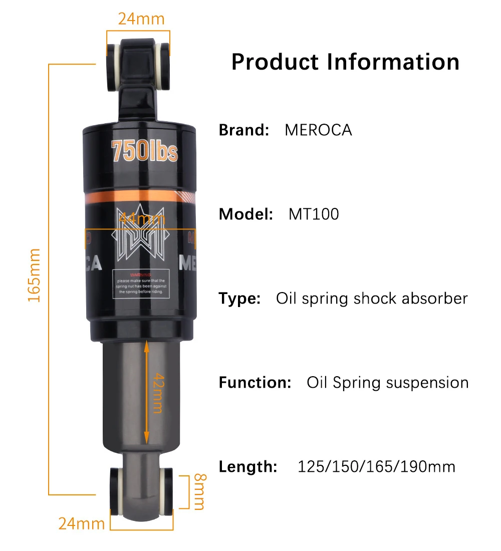 MEROCA Bicycle Oil Spring Shock Absorber 125 150 165mm 850/750/1000lbs Rear Shock Absorber for E-scooter Mountain Bike