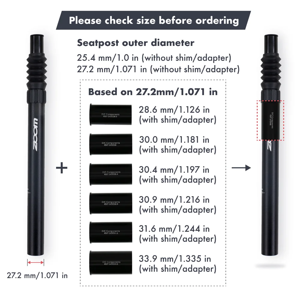 Zoom Suspension Seatpost with Straight Headless Pillar, 25.4/27.2/28.6/30.9mm, 40mm travel, 350mm Length