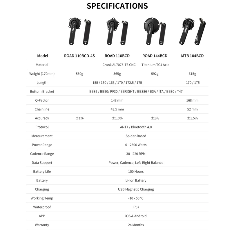 XCADEY Powermeter Power Meter Crankset 104BCD-4s For MTB 110BCD/110BCD-4S/144BCD For Road Bike With Spider