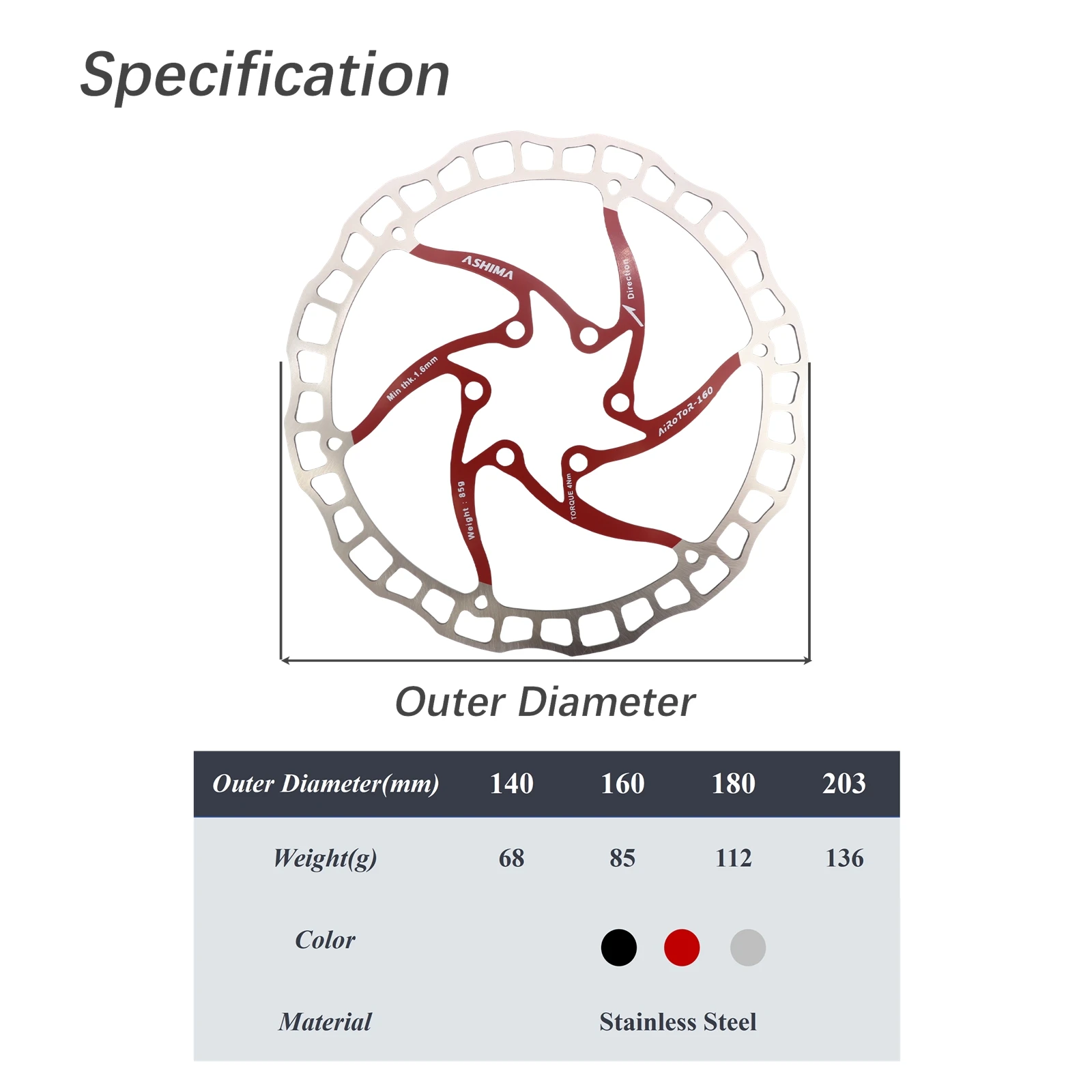 ASHIMA ARO 08 Stainless Steel Disc Brake Rotor 140/160/180/203mm for 6-Bolt MTB Hubs, Black Red Silver Options
