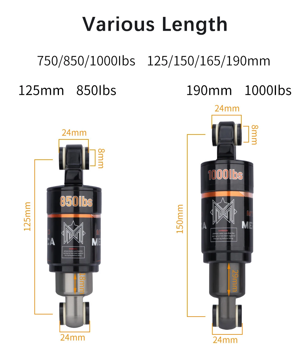 MEROCA Bicycle Oil Spring Shock Absorber 125 150 165mm 850/750/1000lbs Rear Shock Absorber for E-scooter Mountain Bike
