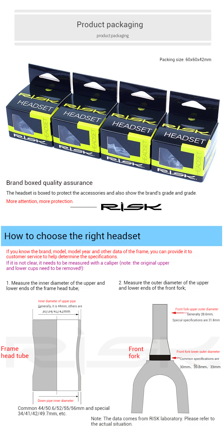 RISK Mountain Bike 44-55/56mm Tapered Headset Straight Tube