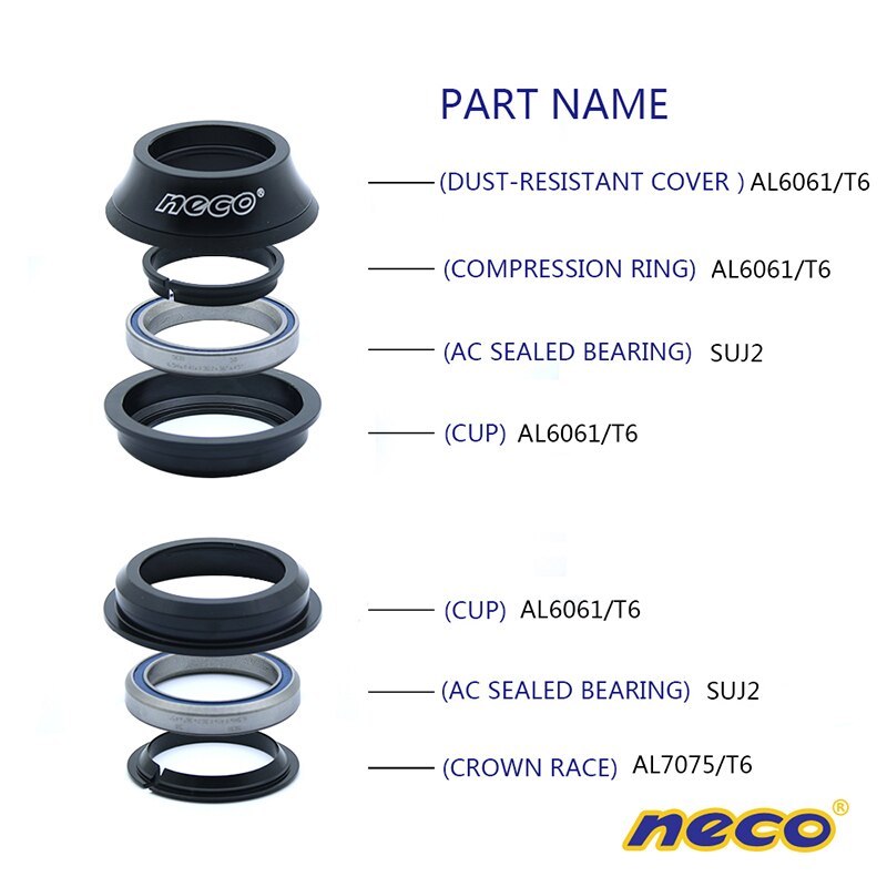 Neco bike Headset 44 44MM ZS44 28.6 30 1 1/8 Semi-Integrated Threadless H146 Retainers Fixed Gear Road Bike Headset MTB
