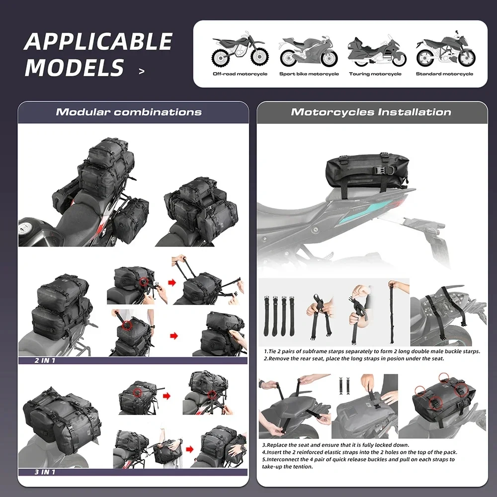 Rhinowalk Motorcycle Rear Seat Bag Waterproof Bag 8L 15L 30L Motorbike Tail Bag Universal Travel Pannier Saddle Bag Backpack