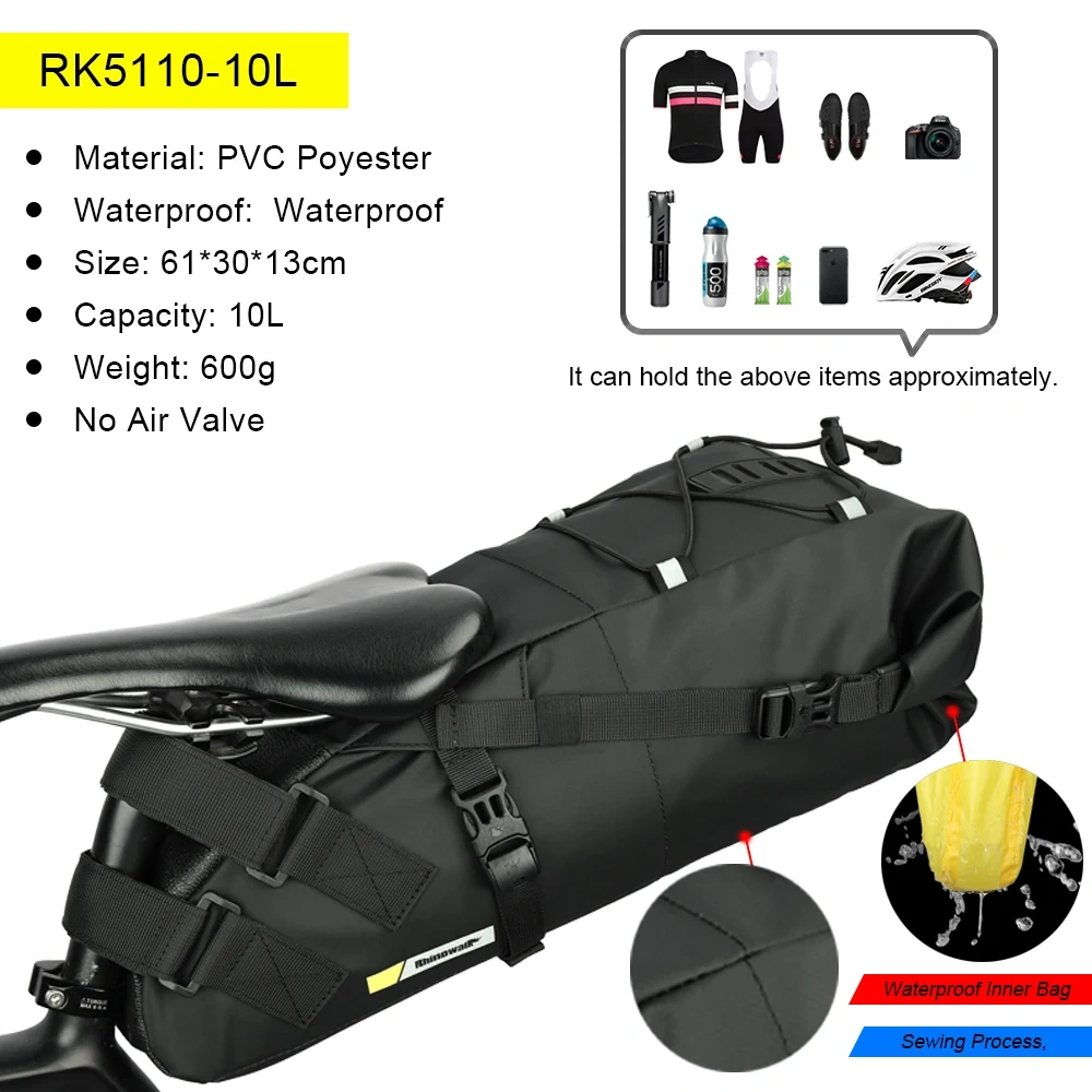 Rhinowalk Bicycle Saddle Bag 5L-13L Waterproof Large Capacity Foldable Tail Back Rear Bag Reflective Cycling MTB Trunk Pannier