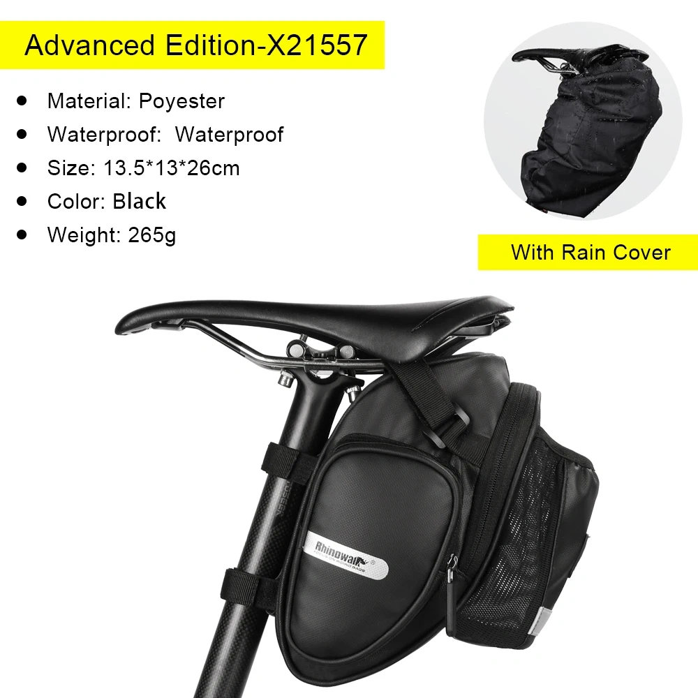 Rhinowalk 2023 New Arrival Bike Saddle Bag With Water Bottle Pocket Waterproof Rear Bicycle Saddle Bags Large-Volume Tail Bag