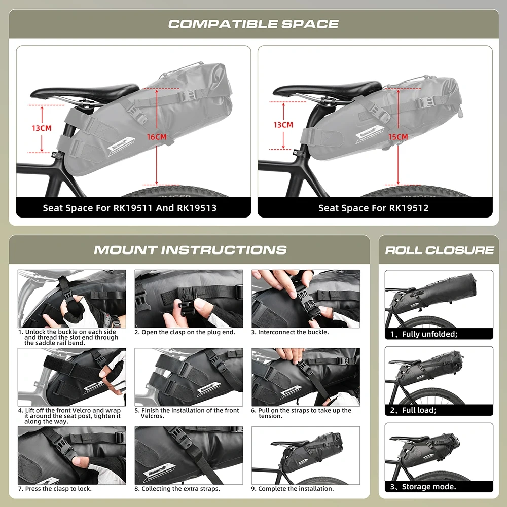 Rhinowalk Bicycle Saddle Bag 5L-13L Waterproof Large Capacity Foldable Tail Back Rear Bag Reflective Cycling MTB Trunk Pannier
