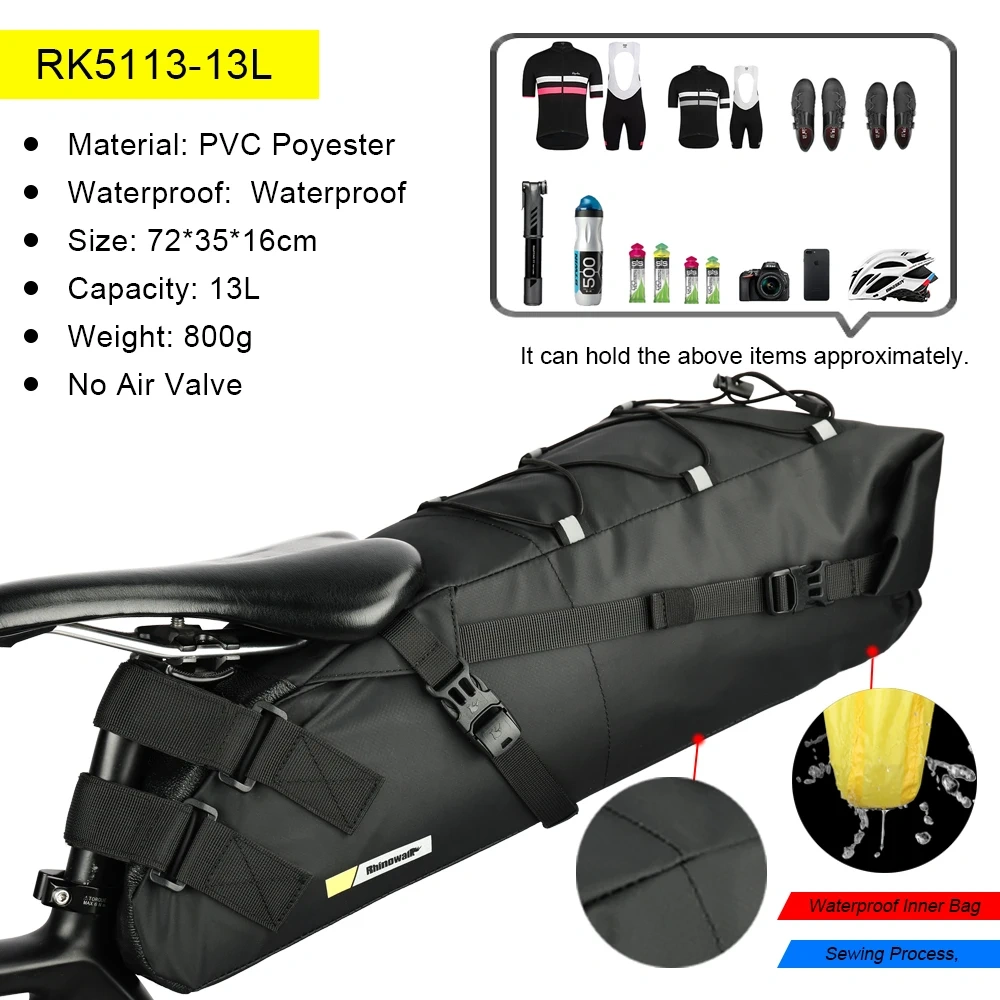 Rhinowalk Bicycle Saddle Bag 5L-13L Waterproof Large Capacity Foldable Tail Back Rear Bag Reflective Cycling MTB Trunk Pannier