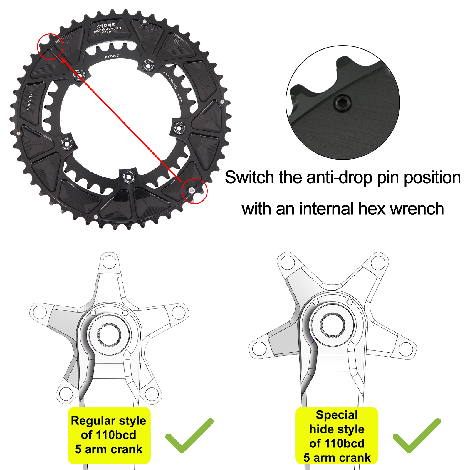 Stone 110bcd Round Double Chainring for Shimano 12S 5 Bolts Crank