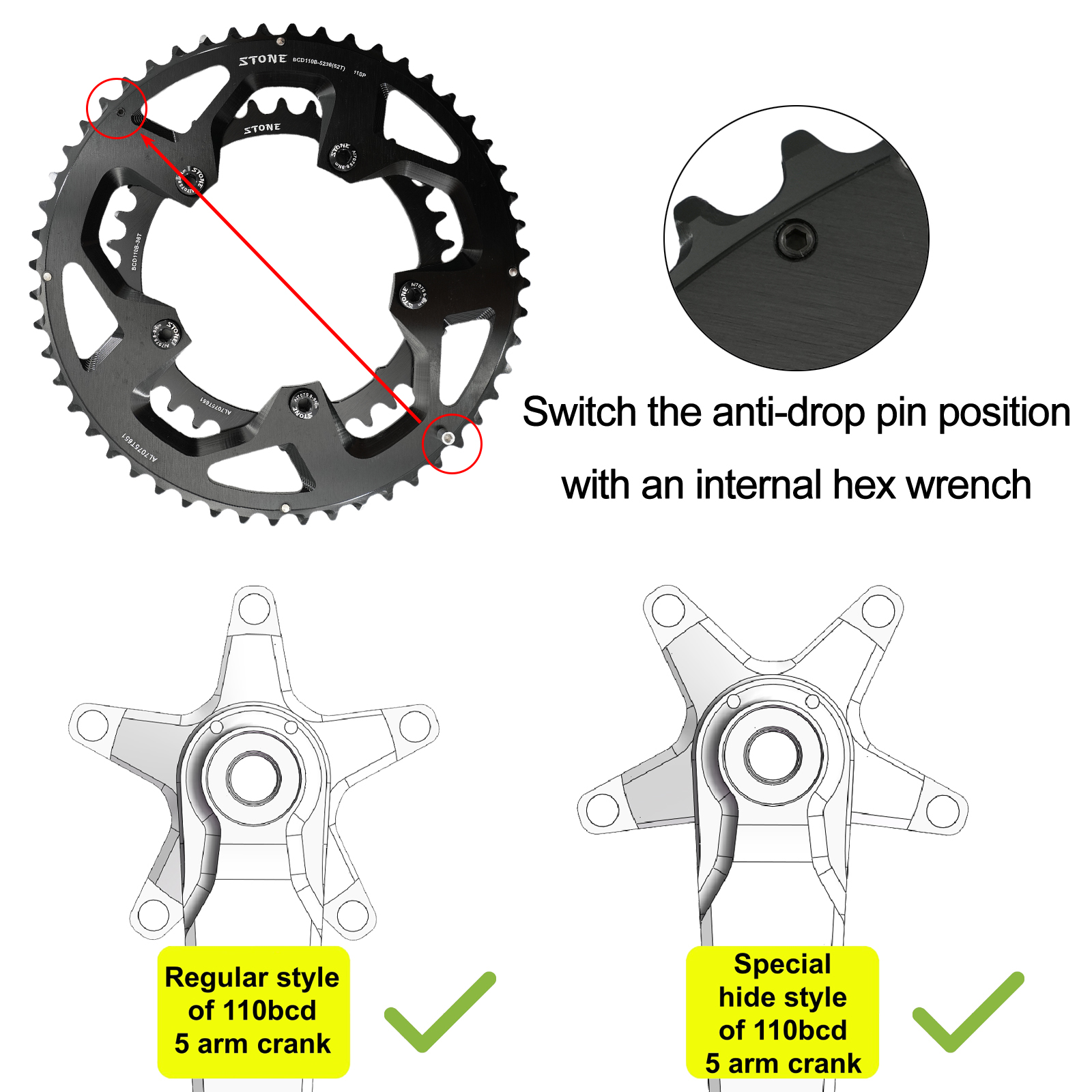 SRAM 53/39T チェーンリング ブラック Stone Bike Round Double Chainring 11 speed 110bcd 2x 52 36T 53 39T