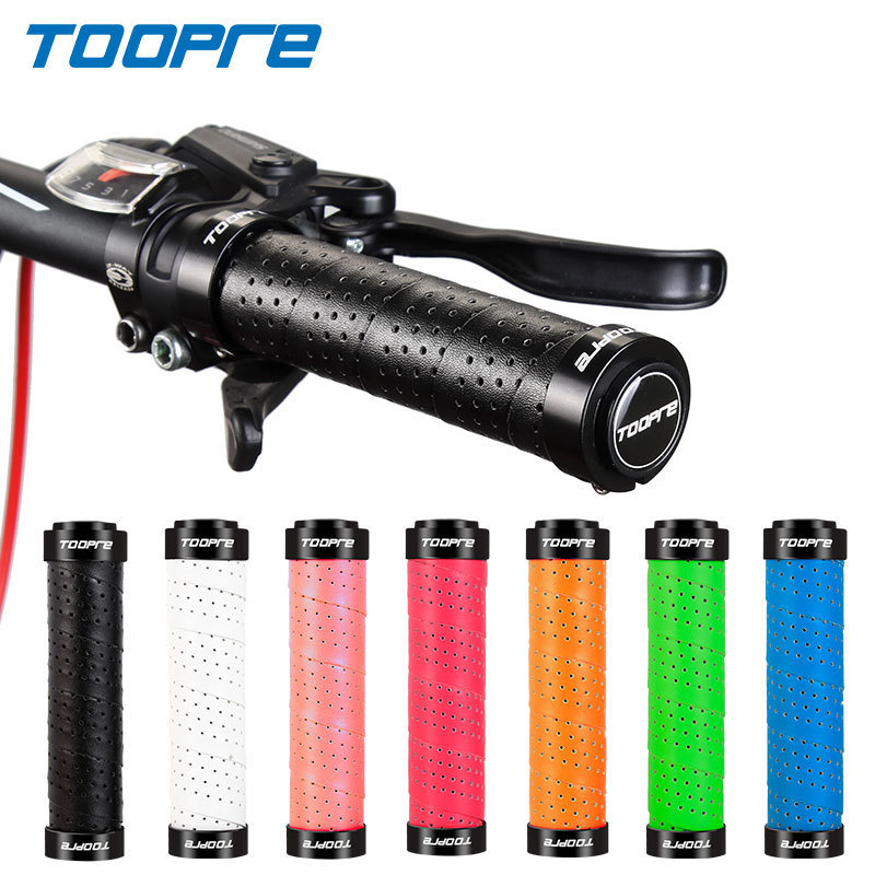 TOOPRE Mountain Bike Grips PU Perforated Leather Colorful Anti-Slip Breathable Aluminum Alloy Double-Sided Locking