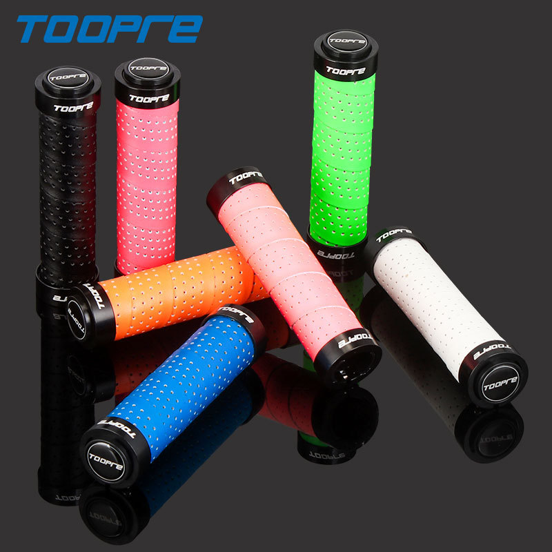 TOOPRE Mountain Bike Grips PU Perforated Leather Colorful Anti-Slip Breathable Aluminum Alloy Double-Sided Locking