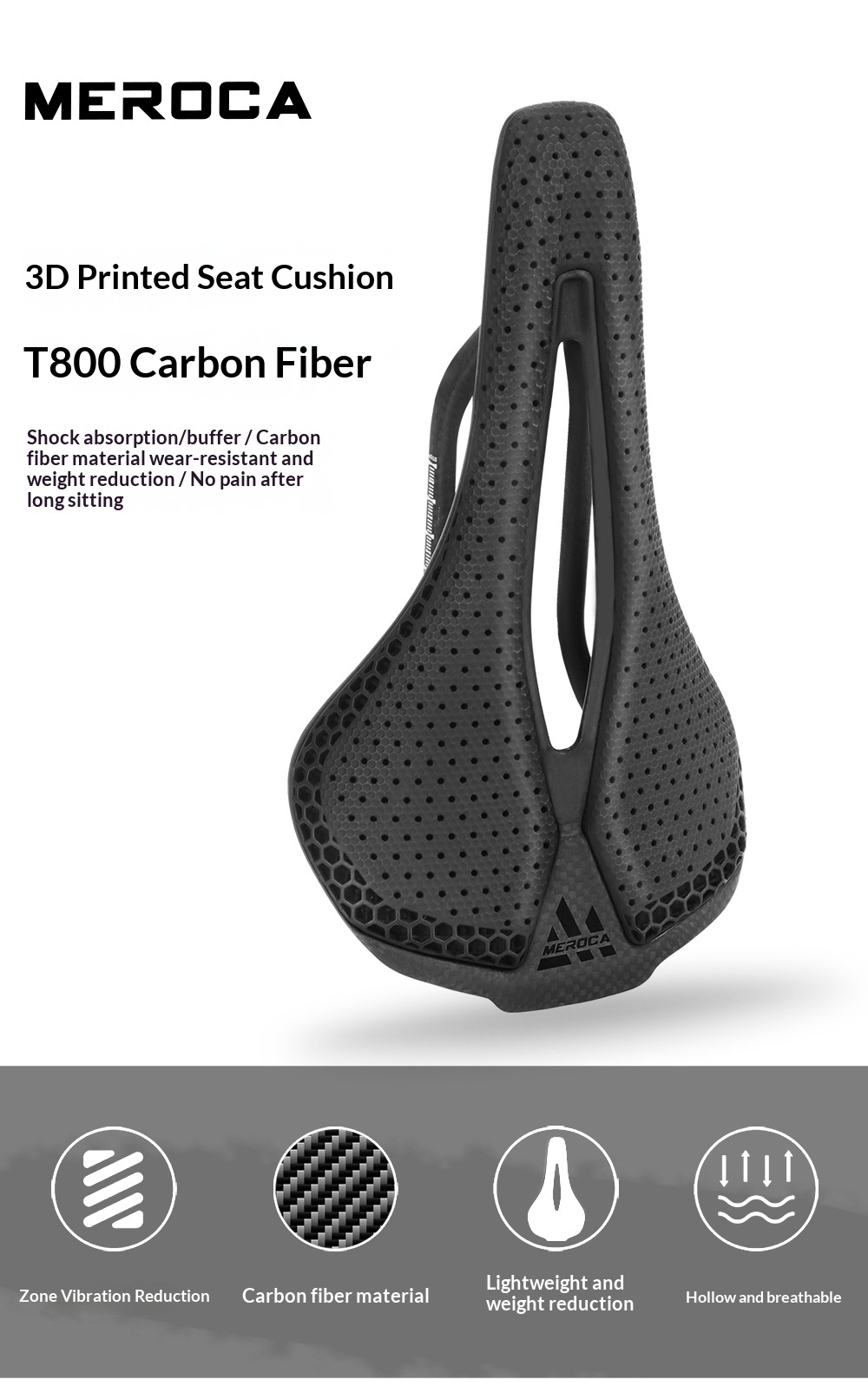 MEROCA VG R1 3D Printed Bicycle Saddle Carbon Fiber Base with Zoned Cushioning Hollow Road Bike Saddle