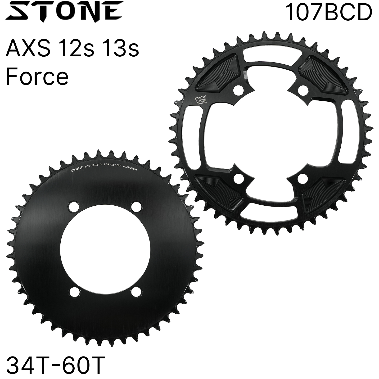 STONE 107BCD Round Chainring for SRAM Force AXS and for Quarq Power Meters, Non-AXS 9-12s or AXS Flattop 12/13-speed