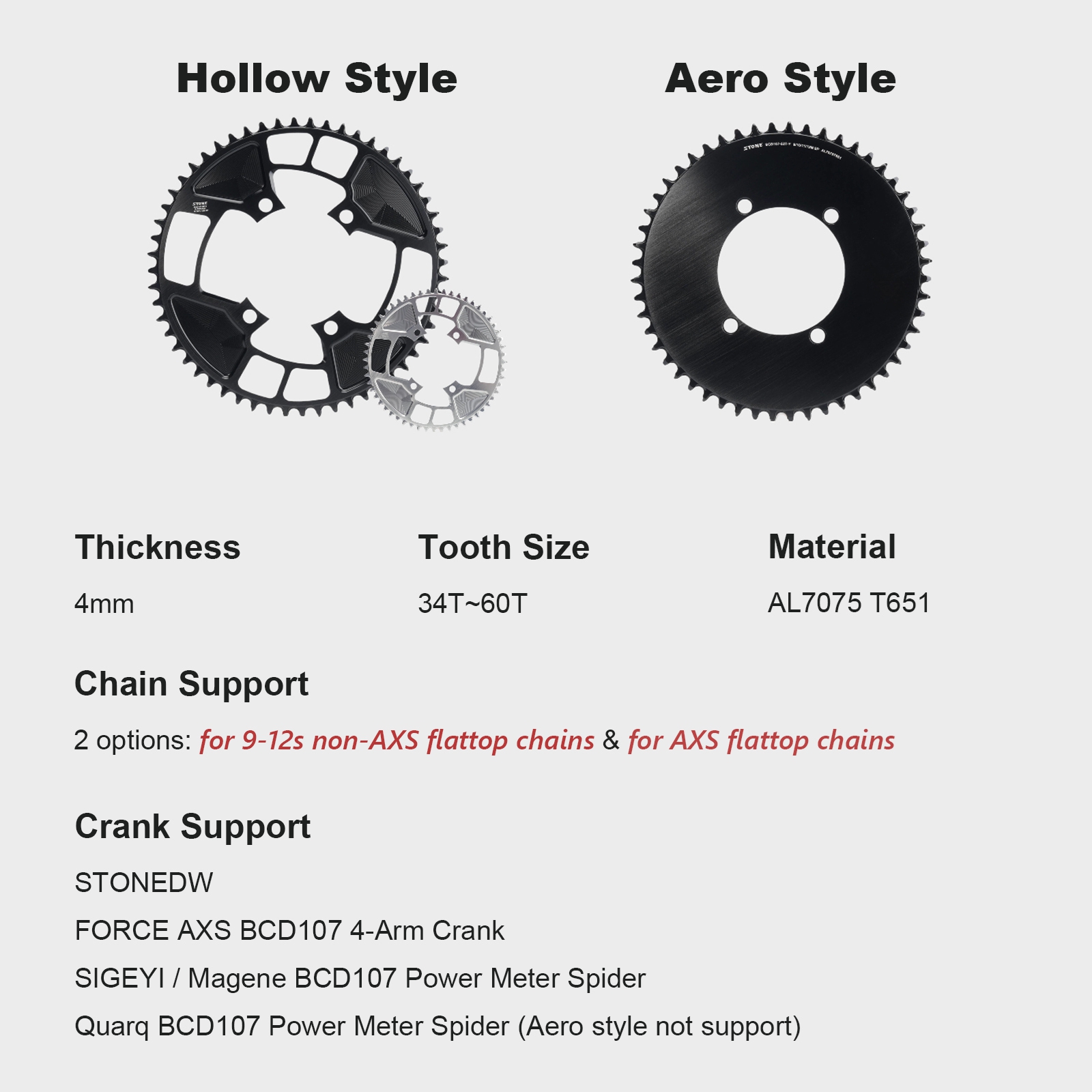 STONE 107BCD Round Chainring for SRAM Force AXS and for Quarq Power Meters, Non-AXS 9-12s or AXS Flattop 12/13-speed