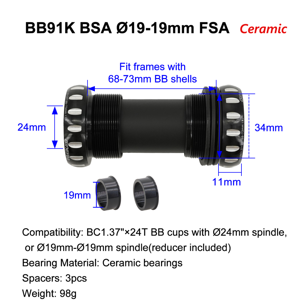 Gineyea Ceramic Bottom Bracket BSA Threaded 68/73mm MTB Road Bike BB for Shimano 24mm SRAM GXP 24/22mm FSA 19mm Crankset