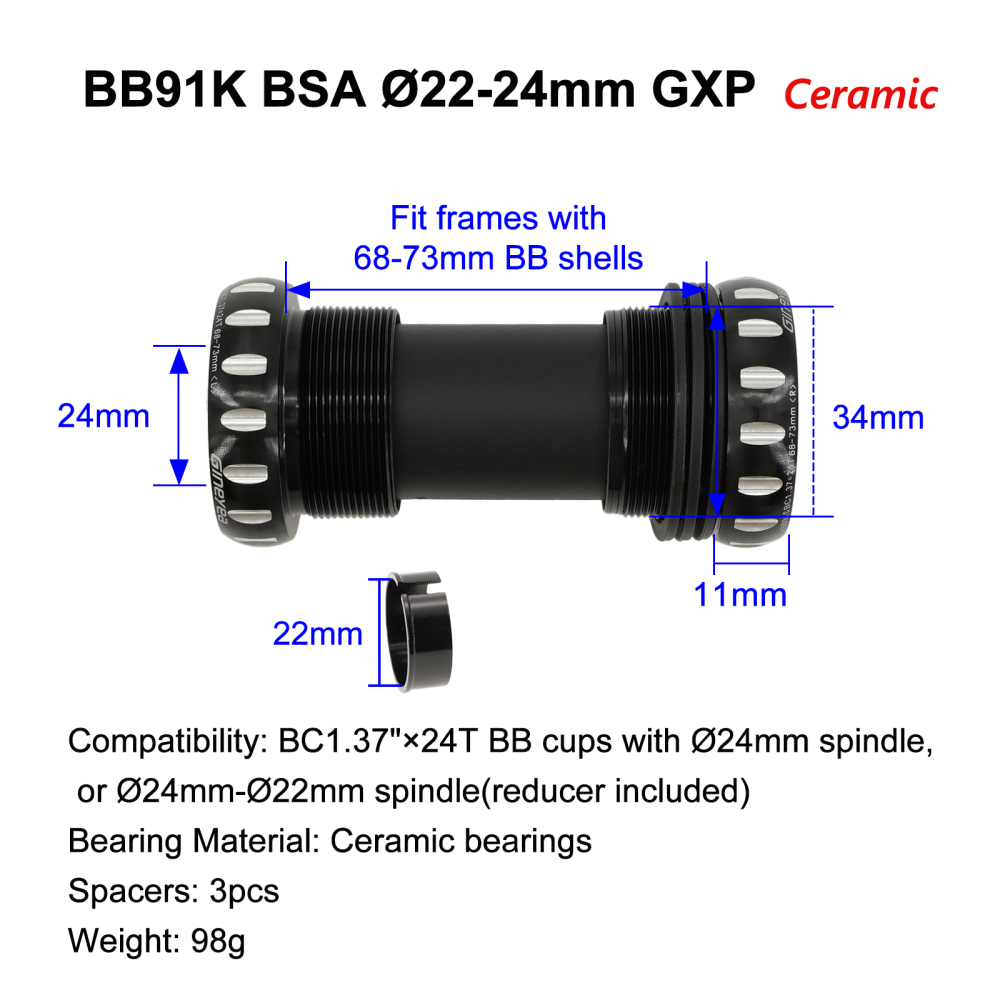 Gineyea Ceramic Bottom Bracket BSA Threaded 68/73mm MTB Road Bike BB for Shimano 24mm SRAM GXP 24/22mm FSA 19mm Crankset