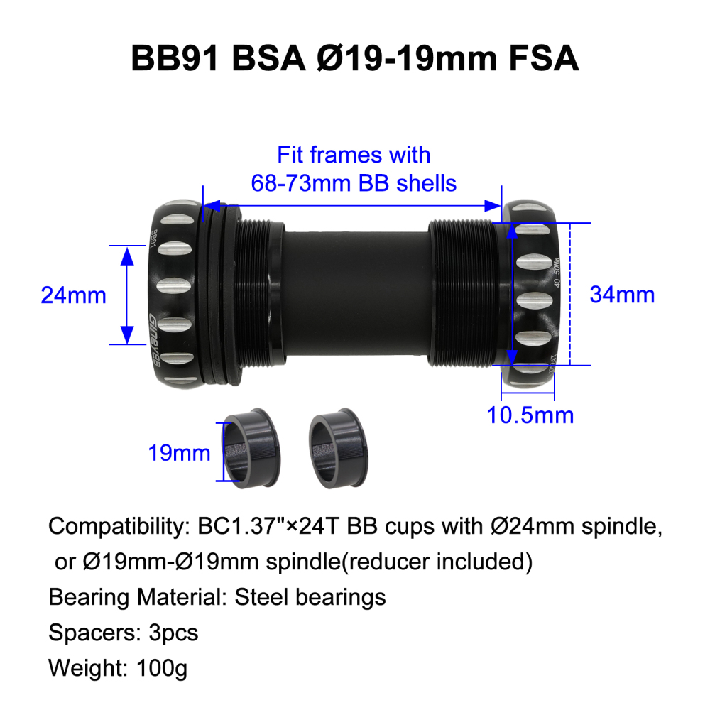 Gineyea Ceramic Bottom Bracket BSA Threaded 68/73mm MTB Road Bike BB for Shimano 24mm SRAM GXP 24/22mm FSA 19mm Crankset