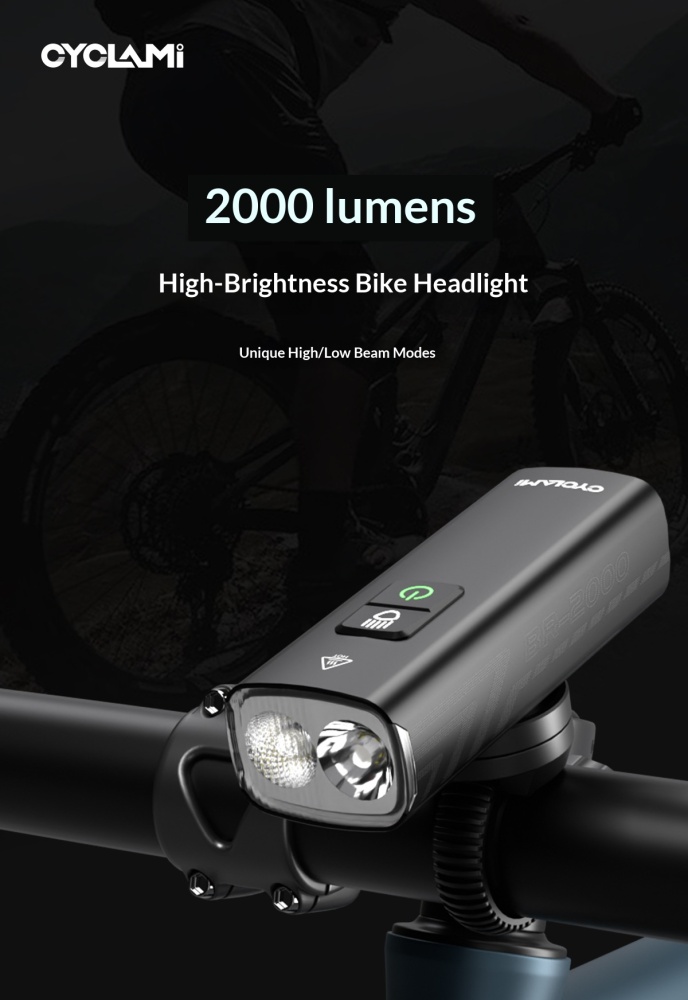 CYCLAMI BR2000 Rechargeable Bike Front Light 2000 Lumens USB-C Bicycle Headlight for MTB Road Cycling Night Riding