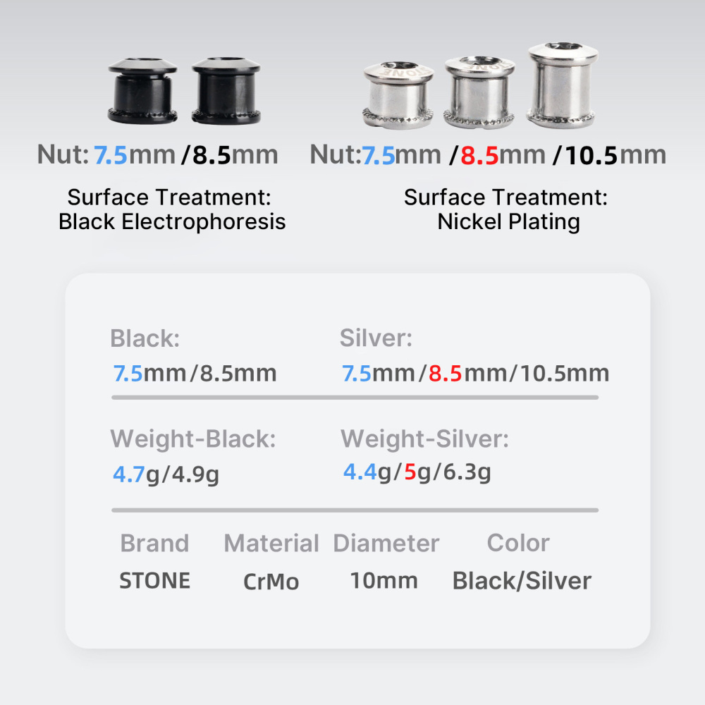 Stone CrMo Steel Chainring Bolts 5pcs M8 7.5/8.5/10.5mm Bicycle Chainring Screws for Road Bike MTB Crankset Sliver Black