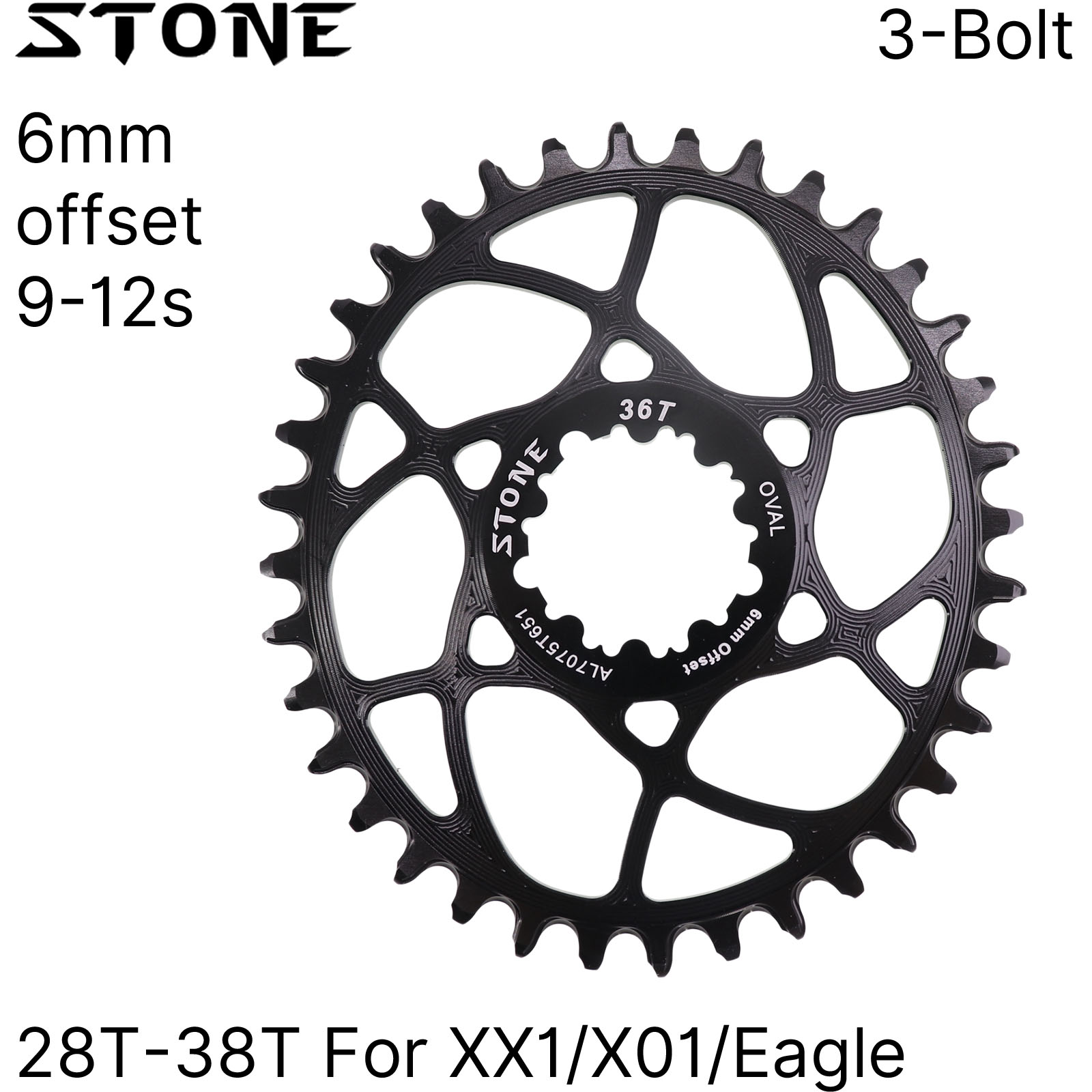 Stone Oval Direct Mount Chainring for SRAM GXP 3-bolt, 6mm Offset