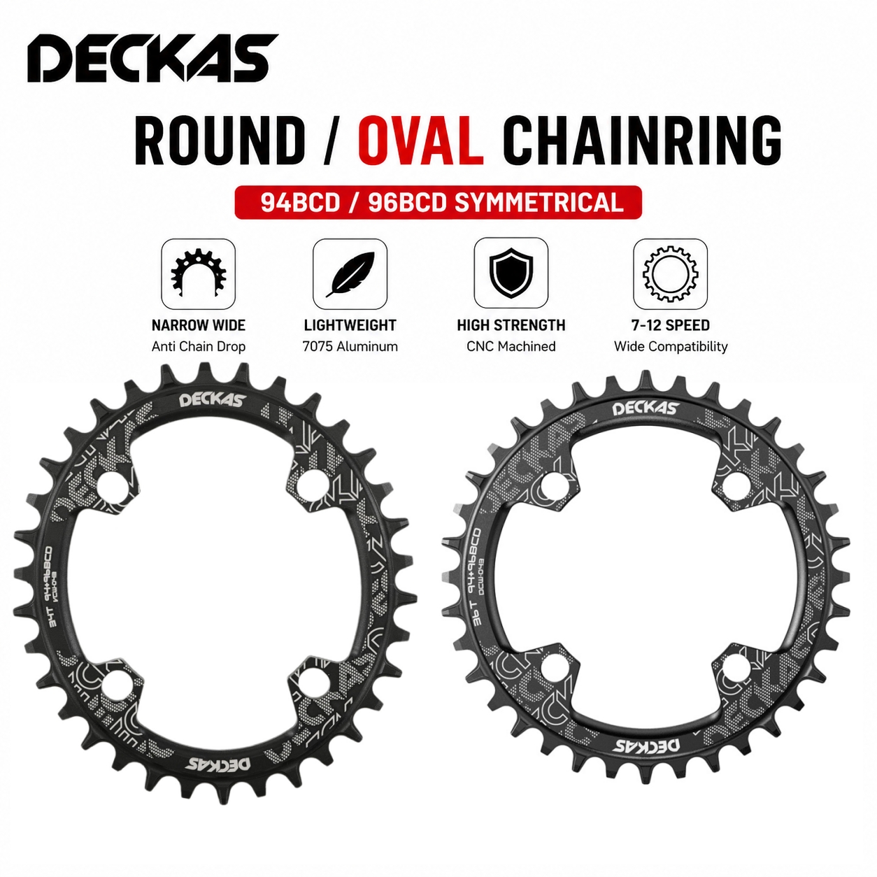 Deckas 94BCD/96BCD Round/Oval Chainring for Shimano M4000 M4050 for SRAM GX NX Narrow-Wide 30–38T, 7075 Aluminum Alloy