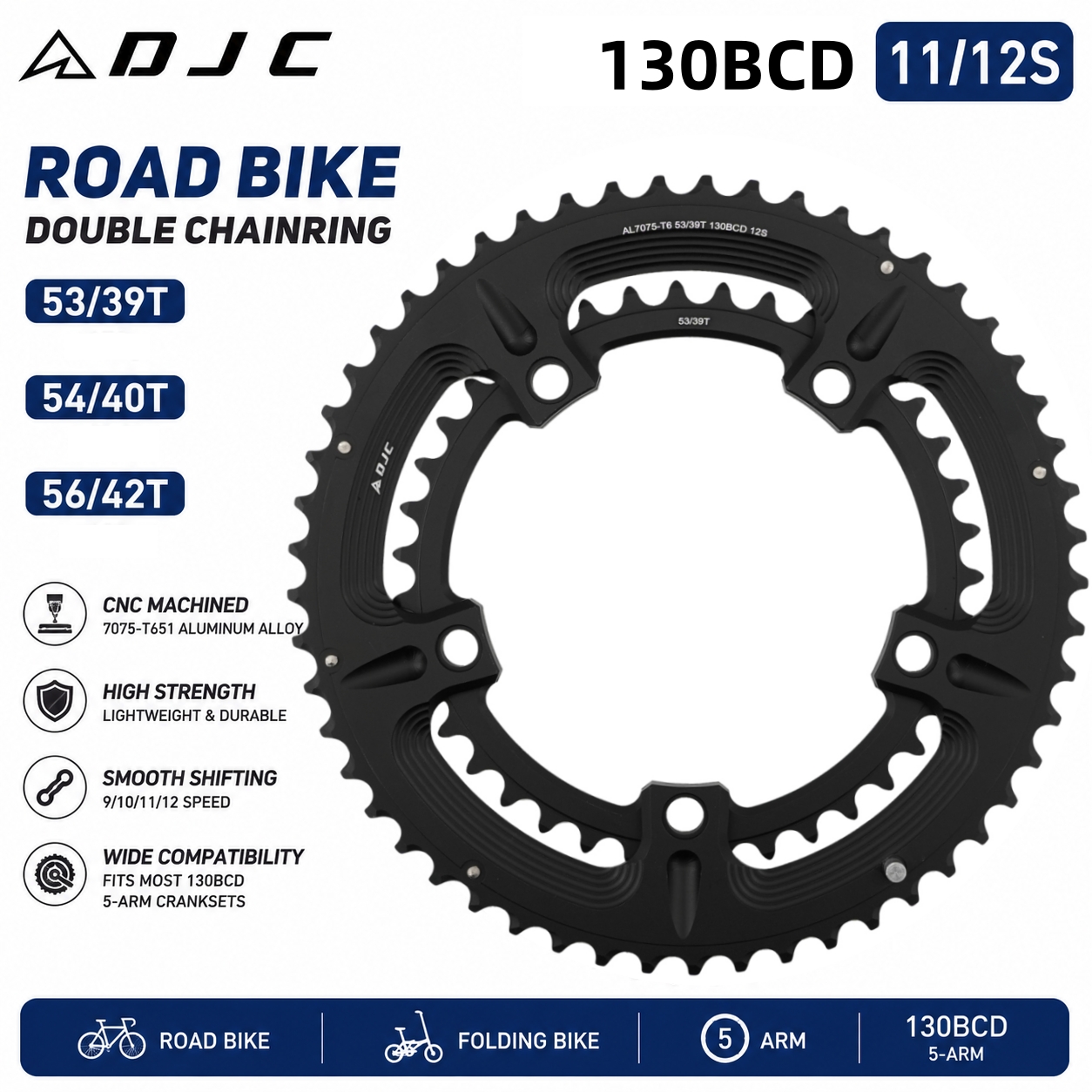 DJC 130BCD Round 2x Chainring for Shimano 5700 6700 Folding, 53-39T 54-40T 56-42T, 7075-T651 Aluminum Alloy