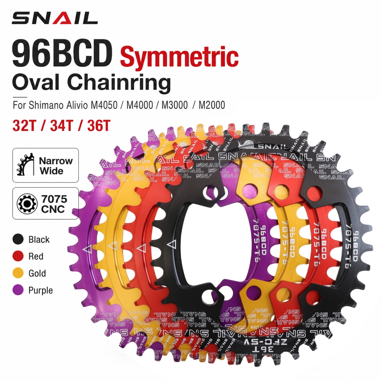 SNAIL 96BCD Oval Chainring for Shimano Alivio M4050 M4000 M3000 M2000 Narrow-Wide 32–36T