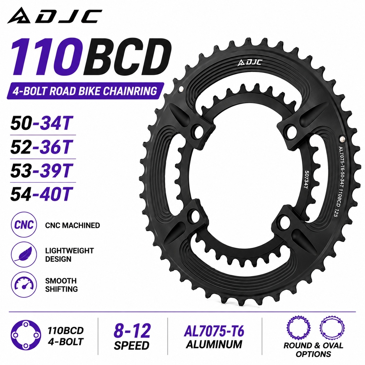 DJC Road Bike Chainring 110bcd 4 Bolts Round 2x Chainring Double