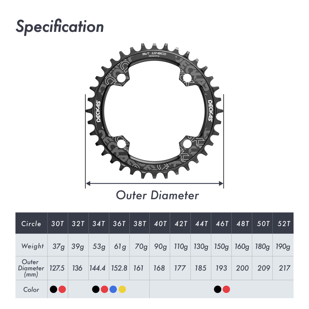 Deckas Round Bike Chainring 104BCD 30 32 34 36 40 42 44 46 48T 50 52 Tooth MTB Bike Mountain Bike Chain Ring Chainwheel 104 Bcd