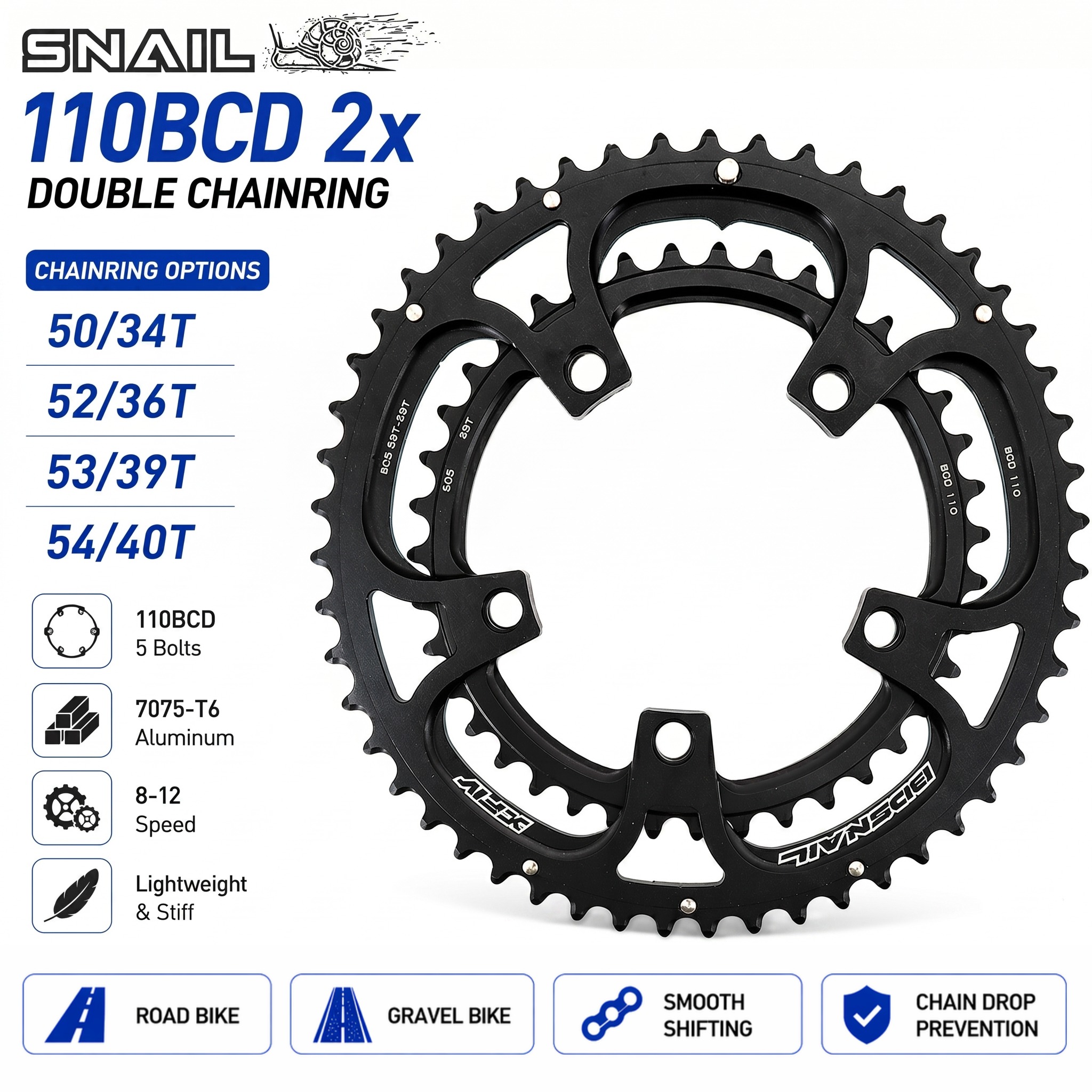 Snail double chainring 110bcd road bike round chainring 2x 50t 35t Snail double chainring 110bcd road bike round chainring 2x 50t 35t