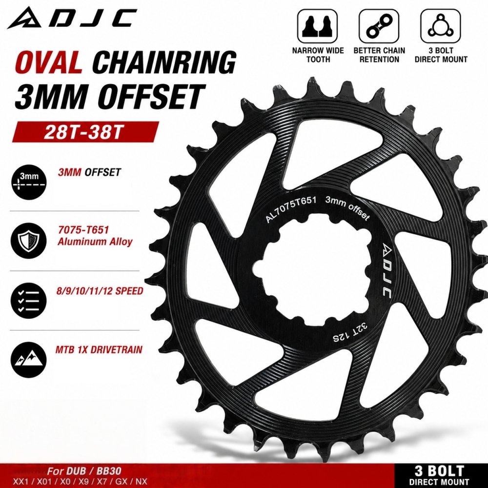 DJC Bike Chainring 3 bolts pins Direct Mount 3mm Offset Oval Chainring for Sram GXP XX1 Eagle X01 X1 X0 X9 for DUB BB30 Crankset Alu Lightweight 28 30 32 34 36 38T