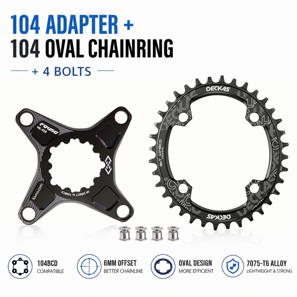 DECKAS 6mm Offset Chainring Kit for SRAM 3-Bolt, 104BCD Spider Adapter + 32T-38T Round/Oval Narrow Wide Chainring